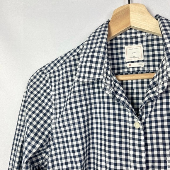 Gap Blue & White Gingham Plaid Fitted Boyfriend Long Sleeve Button Down XS - Picture 3 of 3